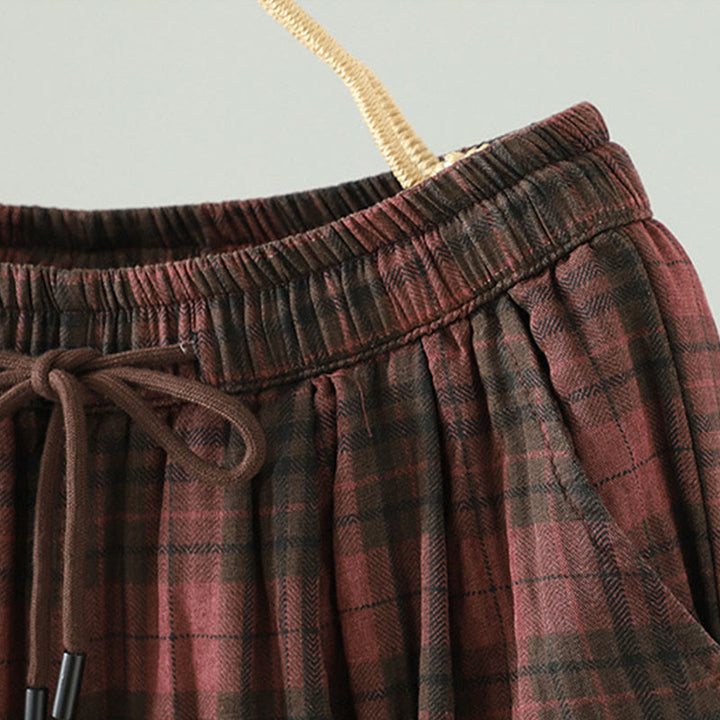 Damskie spodnie haremowe termiczne z bawełny z kieszeniami i wielokolorową kratą w Buddha Stones - image 12