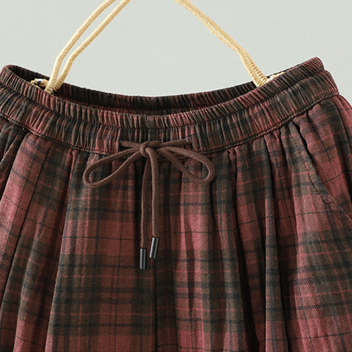 Damskie spodnie haremowe termiczne z bawełny z kieszeniami i wielokolorową kratą w Buddha Stones - image 11