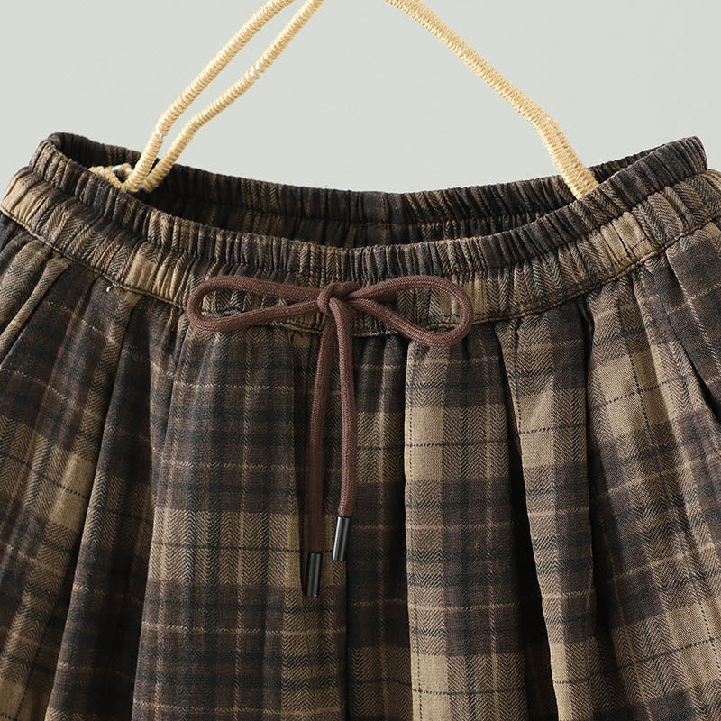 Damskie spodnie haremowe termiczne z bawełny z kieszeniami i wielokolorową kratą w Buddha Stones - image 3