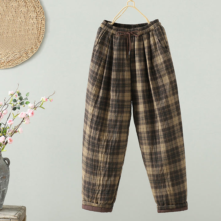 Damskie spodnie haremowe termiczne z bawełny z kieszeniami i wielokolorową kratą w Buddha Stones - Blada nawłoć - US8-10，UK/AU12-14，EU40-42 (2XL) - image 0