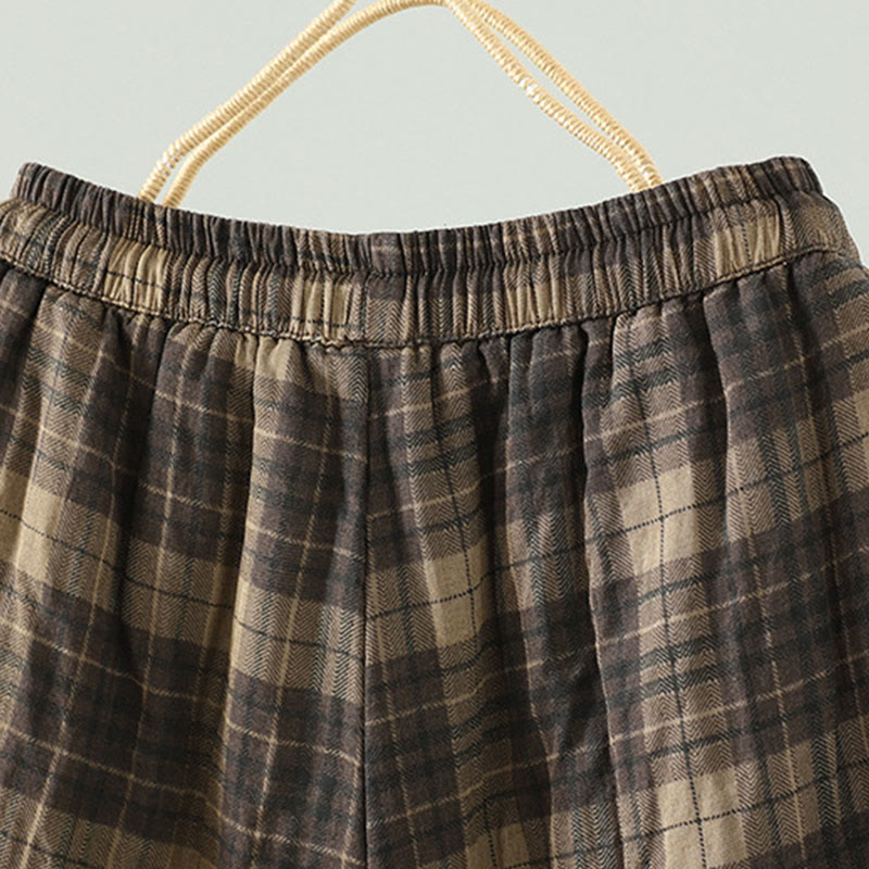 Damskie spodnie haremowe termiczne z bawełny z kieszeniami i wielokolorową kratą w Buddha Stones - image 5