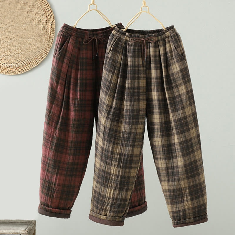 Damskie spodnie haremowe termiczne z bawełny z kieszeniami i wielokolorową kratą w Buddha Stones - image 15