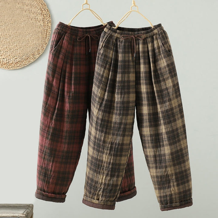 Damskie spodnie haremowe termiczne z bawełny z kieszeniami i wielokolorową kratą w Buddha Stones - image 15