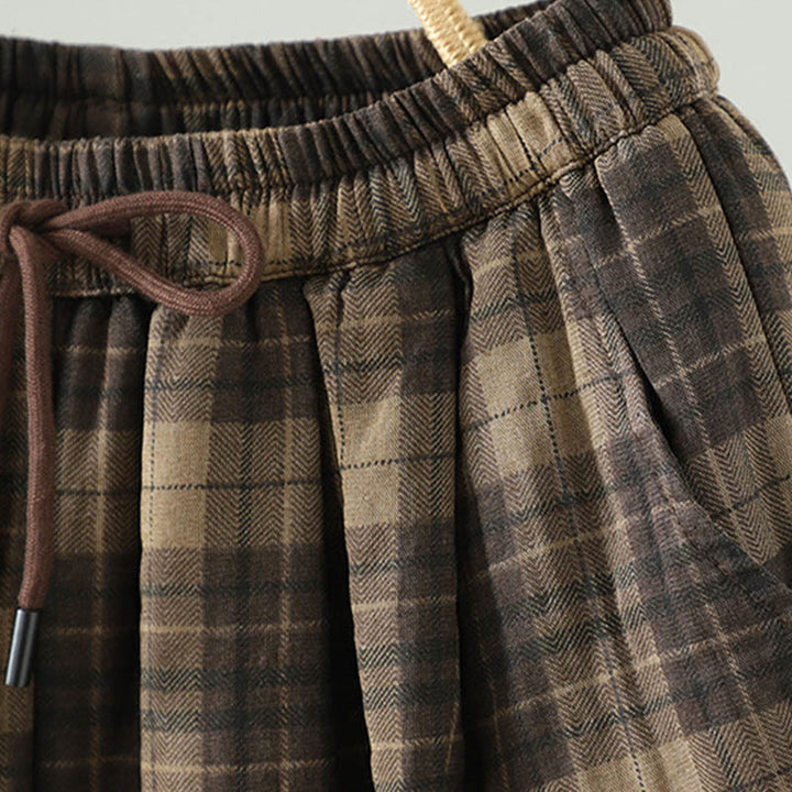 Damskie spodnie haremowe termiczne z bawełny z kieszeniami i wielokolorową kratą w Buddha Stones - image 4
