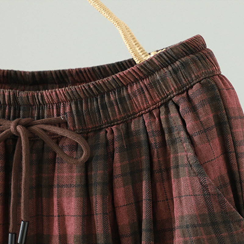 Damskie spodnie haremowe termiczne z bawełny z kieszeniami i wielokolorową kratą w Buddha Stones - image 12