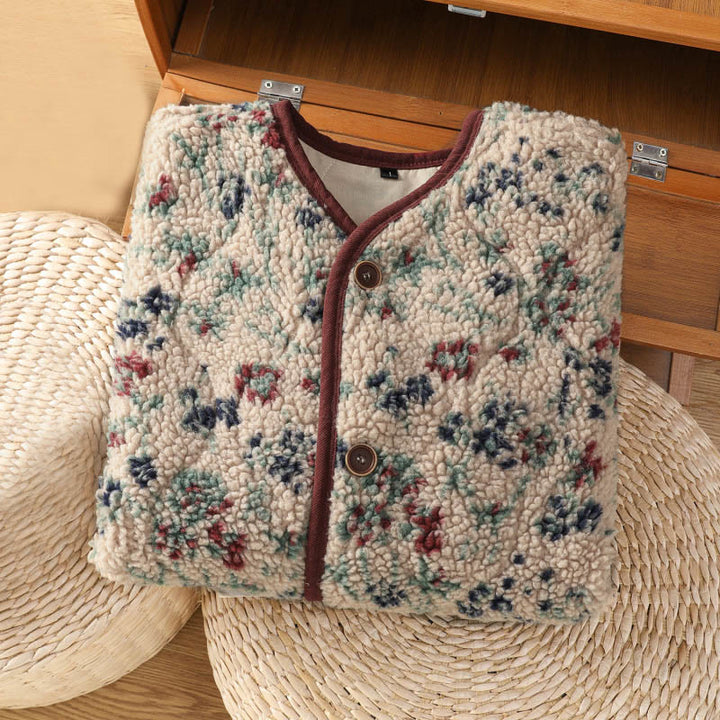 Damska kurtka termiczna z długim rękawem i kieszeniami, z bawełny z motywem kwiatowym "Buddha Stones" , zapinana na guziki - image 2