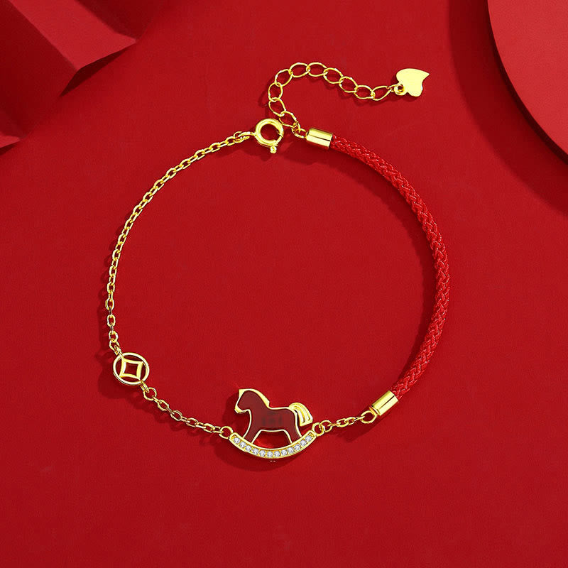 Bransoletka z Buddha Stones ze srebra próby 925, czerwonego sznurka i czerwonego agatu z motywem Roku Konia - image 1