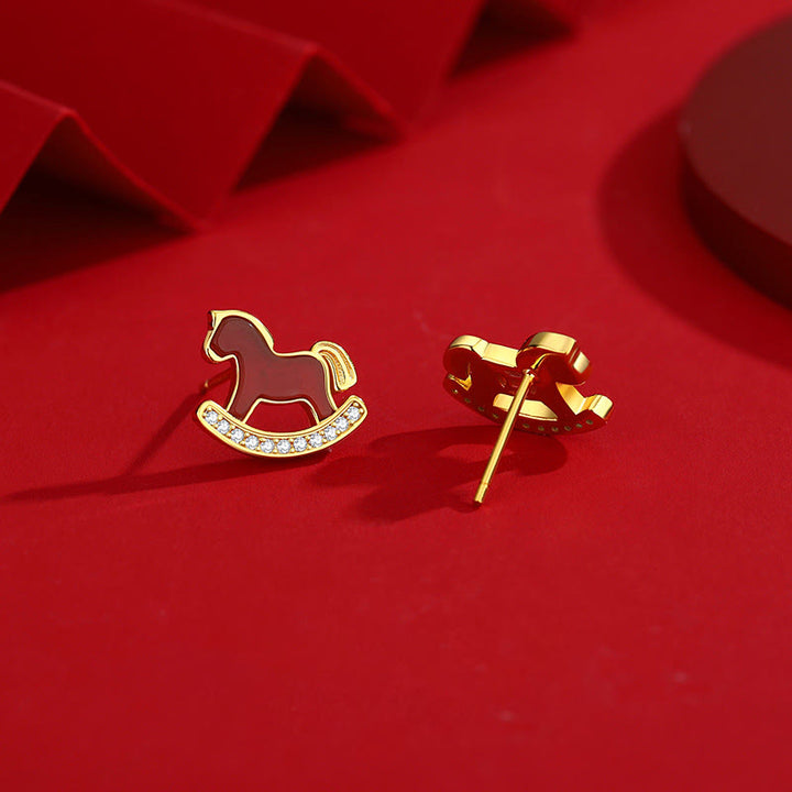 Kolczyki Buddha Stones ze srebra próby 925 z motywem Roku Konia i czerwonym agatem dodającym pewności siebie - image 1