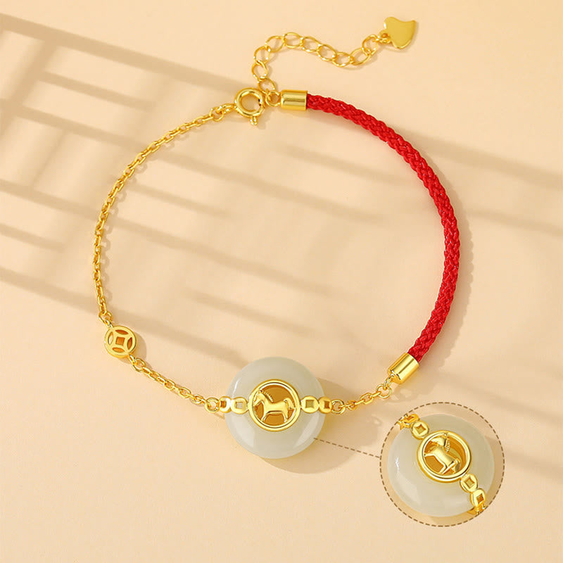 Bransoletka z czerwonego sznurka z Buddha Stones próby 925 i jadeitu Hetian z klamrą pokoju Rok Konia - image 2