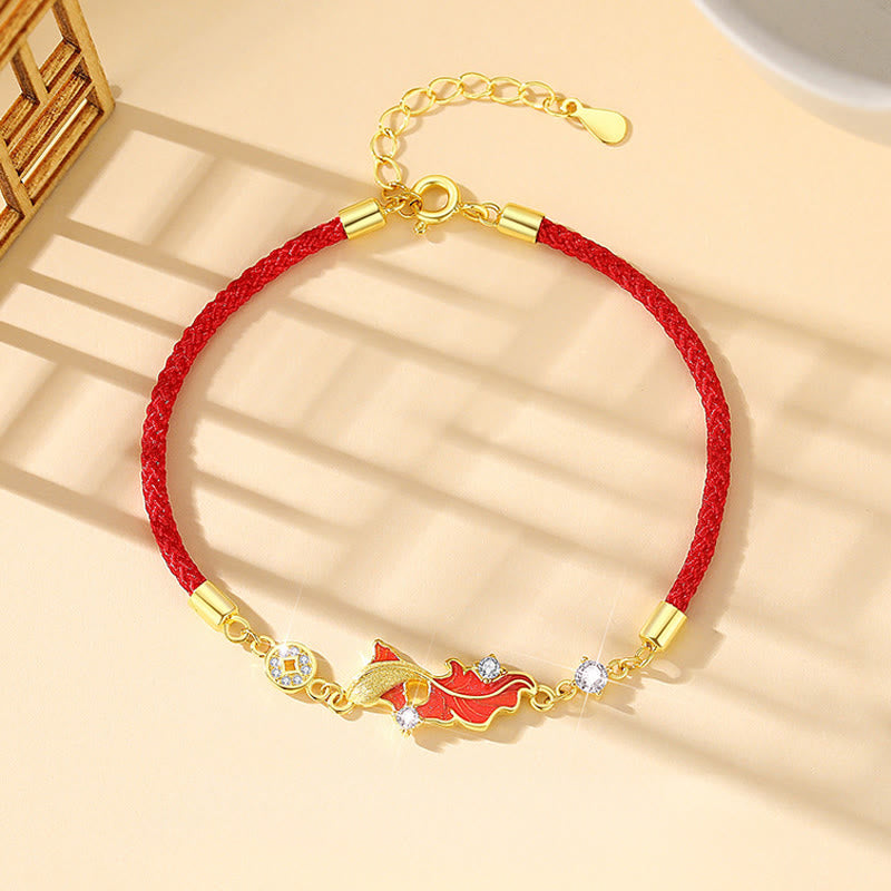 Bransoletka z czerwonego sznurka z motywem ryby Koi, wykonana ze srebra próby 925 z Buddha Stones i błogosławieństwem - Bransoletka z rybą Koi - image 1