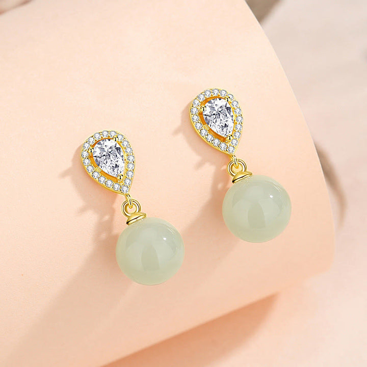 Kolczyki z Buddha Stones ze srebra próby 925 z motywem kropli wody i koralikami z jadeitu Hetian Prosperity - Jadeit hetianowy, srebro próby 925 - image 1