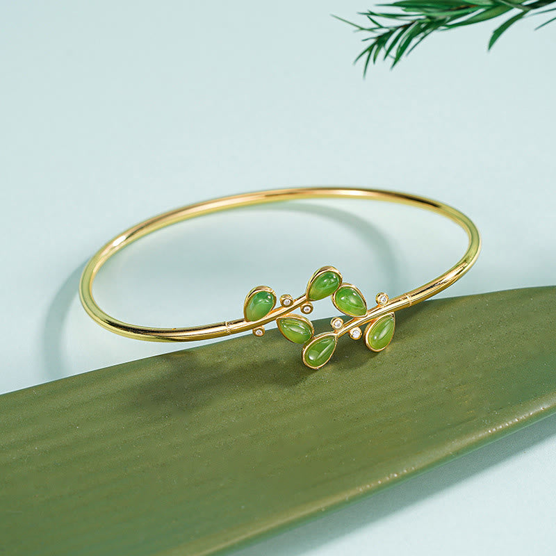 Bransoletka ochronna z liści z zielonego jaspisu, srebro próby 925 , Buddha Stones , grawerowane - Bransoletka ze srebra próby 925 - image 1