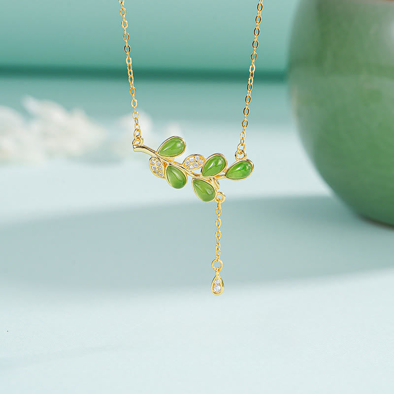 Naszyjnik z Buddha Stones ze srebra próby 925, z frędzlami w kształcie liści i zielonym jaspisem, z ochroną - image 0