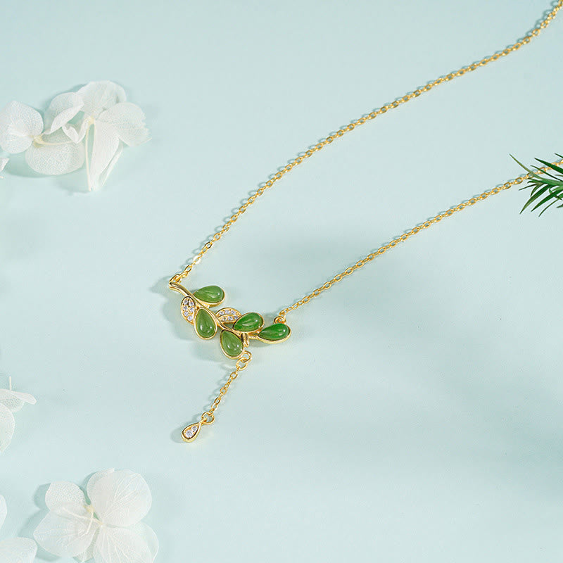 Naszyjnik z Buddha Stones ze srebra próby 925, z frędzlami w kształcie liści i zielonym jaspisem, z ochroną - Naszyjnik ze srebra próby 925 - image 1