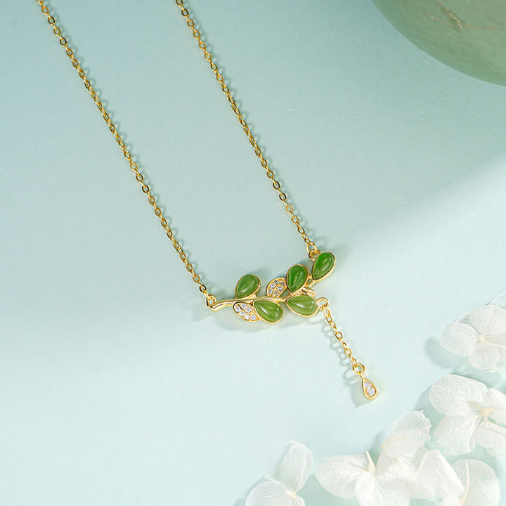 Naszyjnik z Buddha Stones ze srebra próby 925, z frędzlami w kształcie liści i zielonym jaspisem, z ochroną - image 2