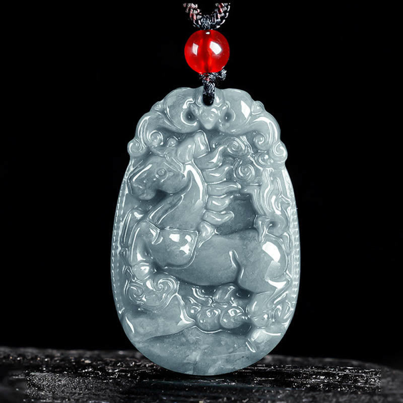 Naszyjnik z jadeitu z Buddha Stones, chiński znak zodiaku, rok konia, lina szczęścia - Koń - image 0