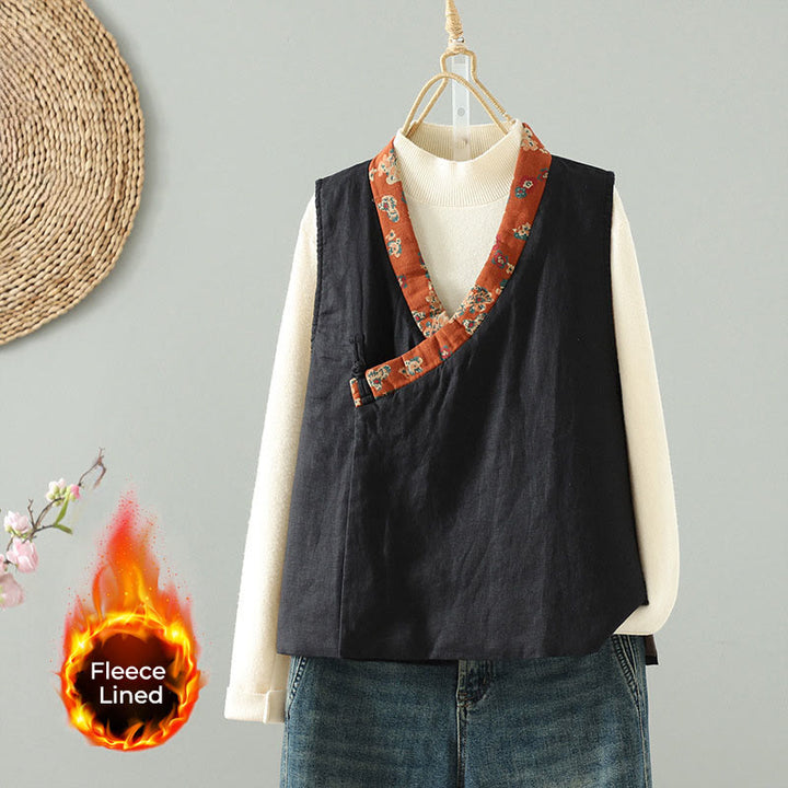 Kamizelka damska bez rękawów z kwiatowym wzorem w kształcie Buddha Stones , dekoltem w serek i guzikami żaby - Czarny - US8-10，UK/AU12-14，EU40-42 (2XL) - image 14