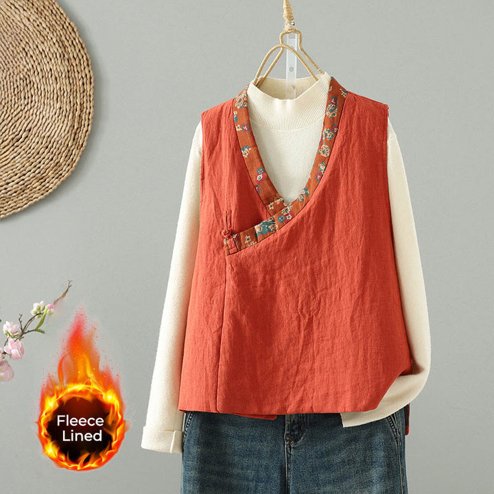 Kamizelka damska bez rękawów z kwiatowym wzorem w kształcie Buddha Stones , dekoltem w serek i guzikami żaby - Pomidor - US8-10，UK/AU12-14，EU40-42 (2XL) - image 0