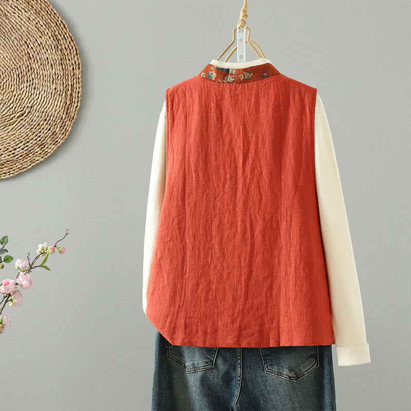 Kamizelka damska bez rękawów z kwiatowym wzorem w kształcie Buddha Stones , dekoltem w serek i guzikami żaby - image 2