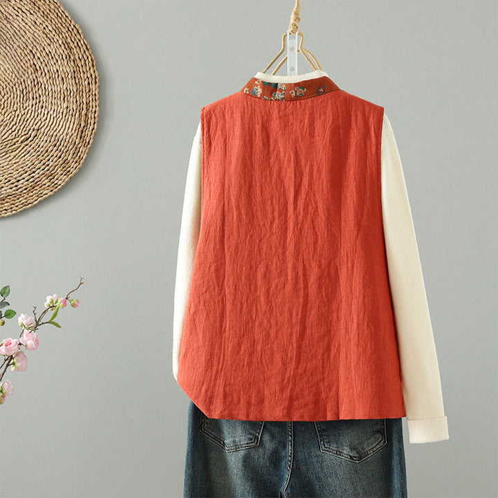 Kamizelka damska bez rękawów z kwiatowym wzorem w kształcie Buddha Stones , dekoltem w serek i guzikami żaby - image 2