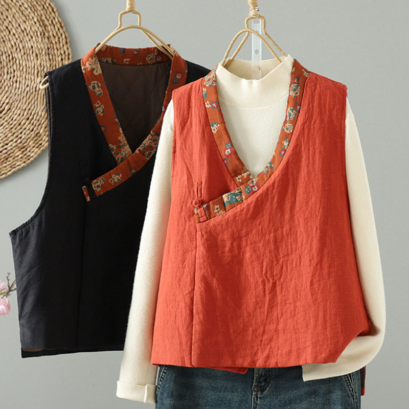 Kamizelka damska bez rękawów z kwiatowym wzorem w kształcie Buddha Stones , dekoltem w serek i guzikami żaby - image 1