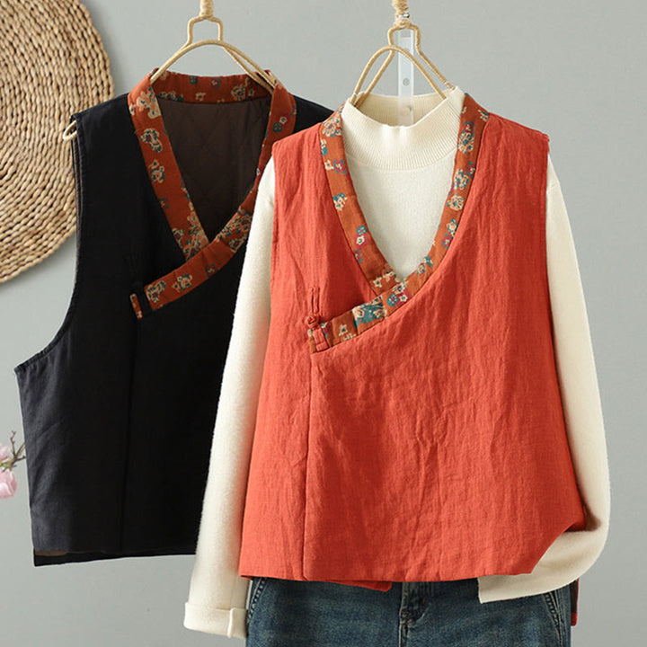 Kamizelka damska bez rękawów z kwiatowym wzorem w kształcie Buddha Stones , dekoltem w serek i guzikami żaby - image 1