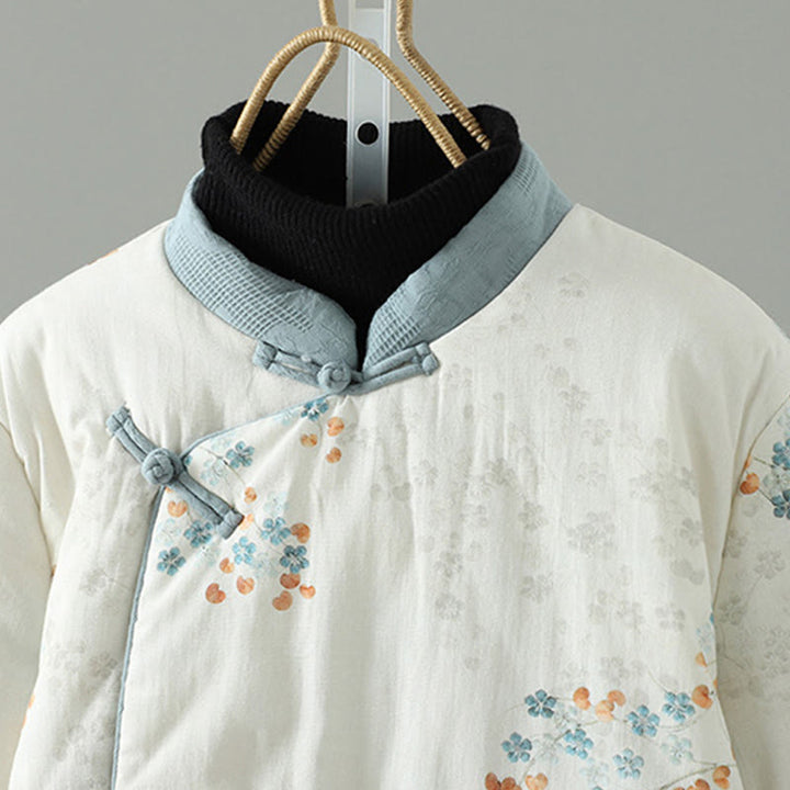 Kurtka termiczna damska Buddha Stones z długim rękawem i niebieskimi kwiatami i żabą zapinana na guziki - image 2