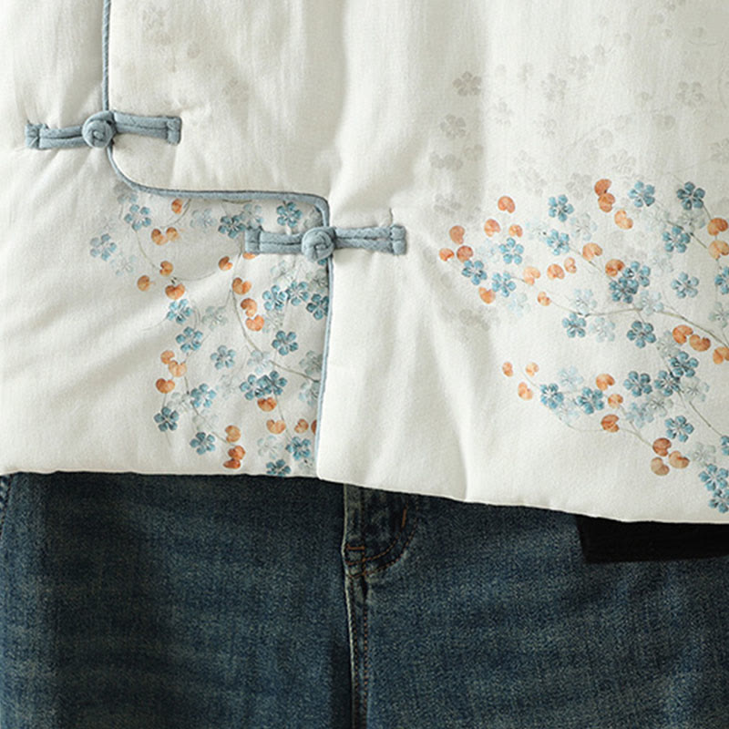 Kurtka termiczna damska Buddha Stones z długim rękawem i niebieskimi kwiatami i żabą zapinana na guziki - image 8