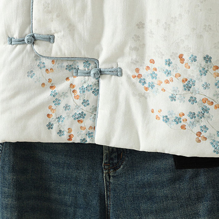 Kurtka termiczna damska Buddha Stones z długim rękawem i niebieskimi kwiatami i żabą zapinana na guziki - image 8