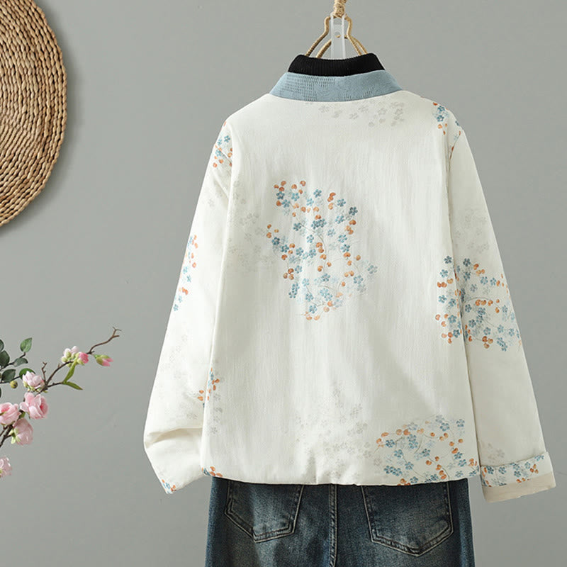 Kurtka termiczna damska Buddha Stones z długim rękawem i niebieskimi kwiatami i żabą zapinana na guziki - image 1