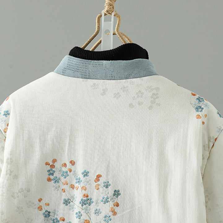 Kurtka termiczna damska Buddha Stones z długim rękawem i niebieskimi kwiatami i żabą zapinana na guziki - image 3