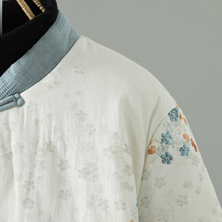 Kurtka termiczna damska Buddha Stones z długim rękawem i niebieskimi kwiatami i żabą zapinana na guziki - image 4