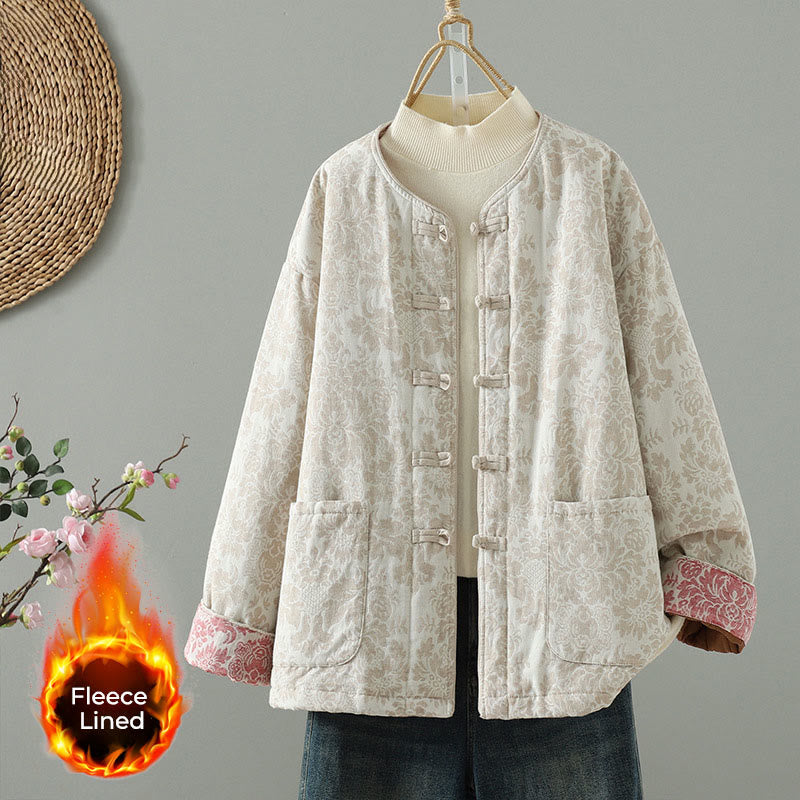 Kurtka termiczna damska Buddha Stones z motywem piwonii, zapinana na guziki żaby, z długim rękawem i kieszeniami - Muszla - US8-10，UK/AU12-14，EU40-42 (2XL) - image 11