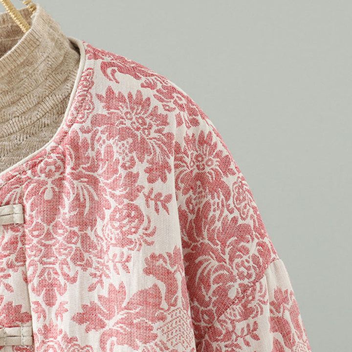 Kurtka termiczna damska Buddha Stones z motywem piwonii, zapinana na guziki żaby, z długim rękawem i kieszeniami - image 4