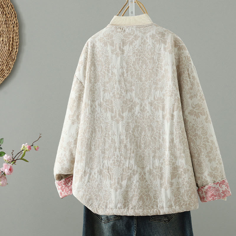 Kurtka termiczna damska Buddha Stones z motywem piwonii, zapinana na guziki żaby, z długim rękawem i kieszeniami - image 12