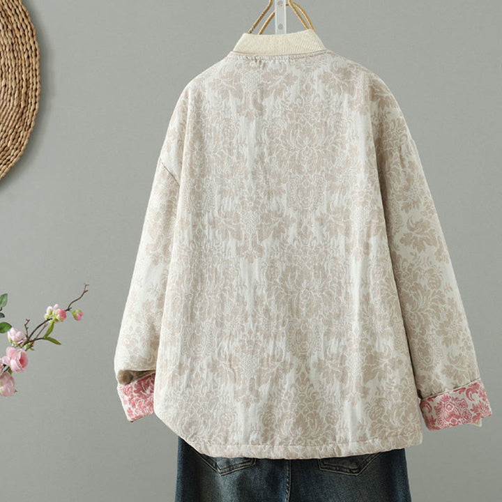 Kurtka termiczna damska Buddha Stones z motywem piwonii, zapinana na guziki żaby, z długim rękawem i kieszeniami - image 12