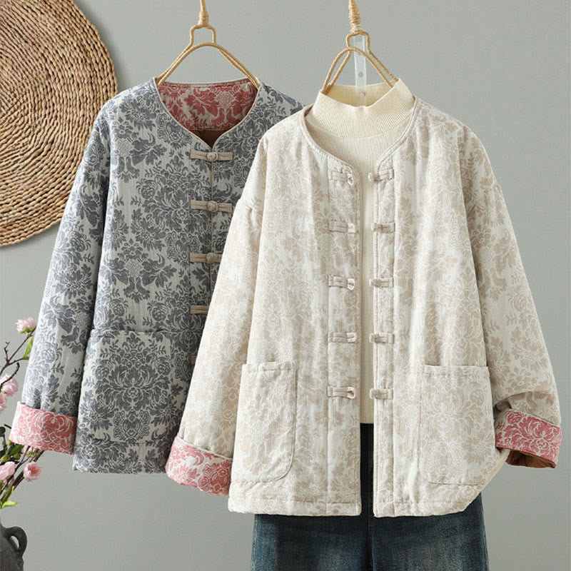 Kurtka termiczna damska Buddha Stones z motywem piwonii, zapinana na guziki żaby, z długim rękawem i kieszeniami - image 27