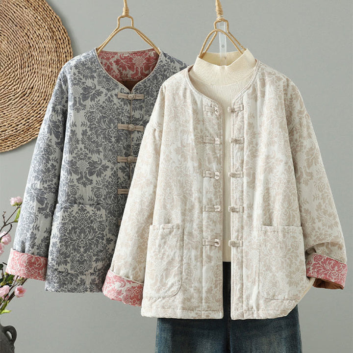 Kurtka termiczna damska Buddha Stones z motywem piwonii, zapinana na guziki żaby, z długim rękawem i kieszeniami - image 27