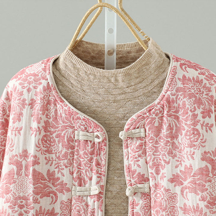 Kurtka termiczna damska Buddha Stones z motywem piwonii, zapinana na guziki żaby, z długim rękawem i kieszeniami - image 3