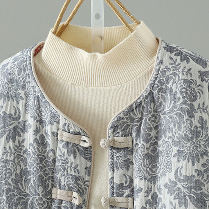 Kurtka termiczna damska Buddha Stones z motywem piwonii, zapinana na guziki żaby, z długim rękawem i kieszeniami - image 23