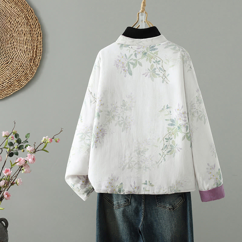 Buddha Stones Damska kurtka termiczna z długim rękawem i fioletowymi kwiatami i żabimi guzikami - image 1