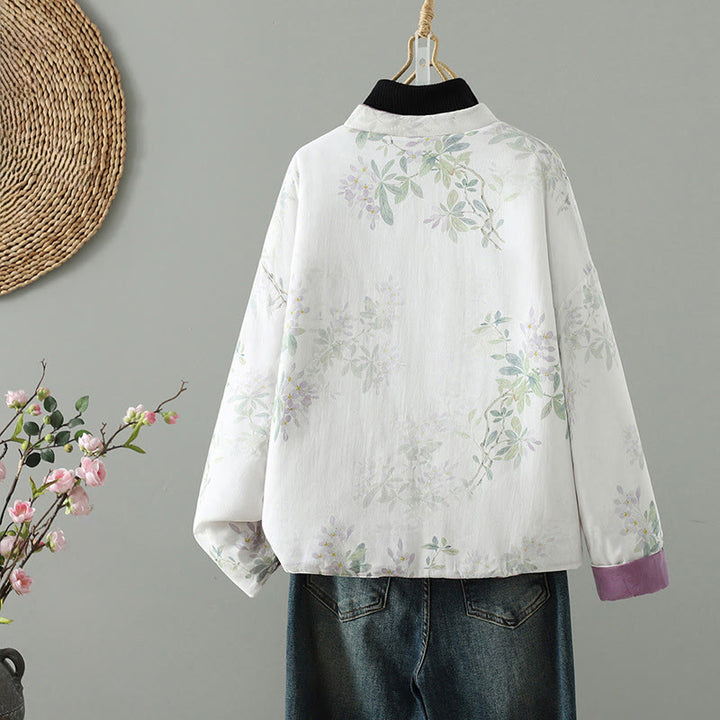 Buddha Stones Damska kurtka termiczna z długim rękawem i fioletowymi kwiatami i żabimi guzikami - image 1