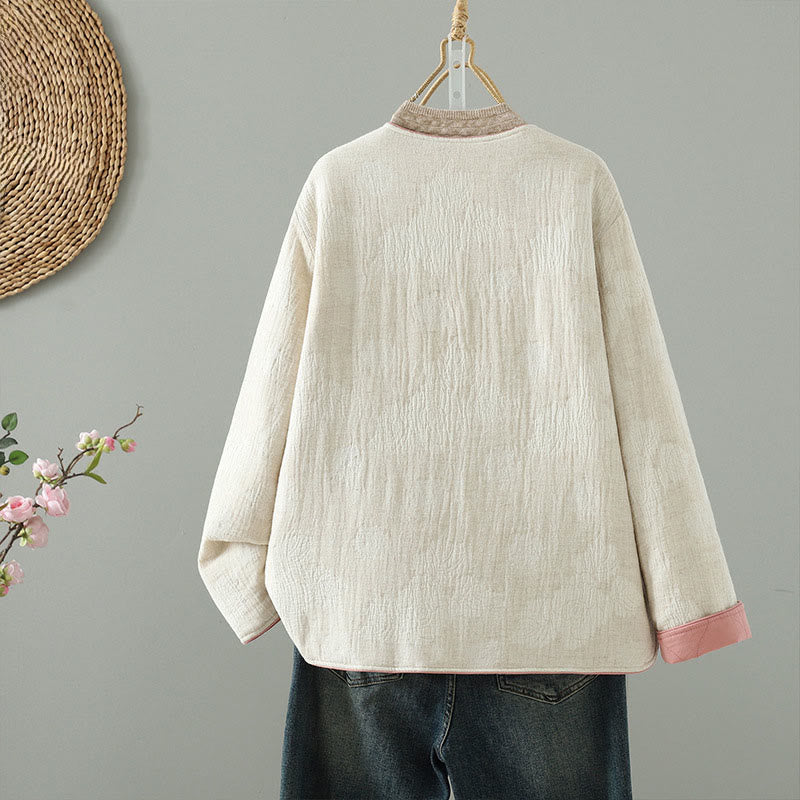 Kurtka termiczna damska Buddha Stones w kolorze beżowym z żabą i długimi rękawami i kieszeniami - image 1