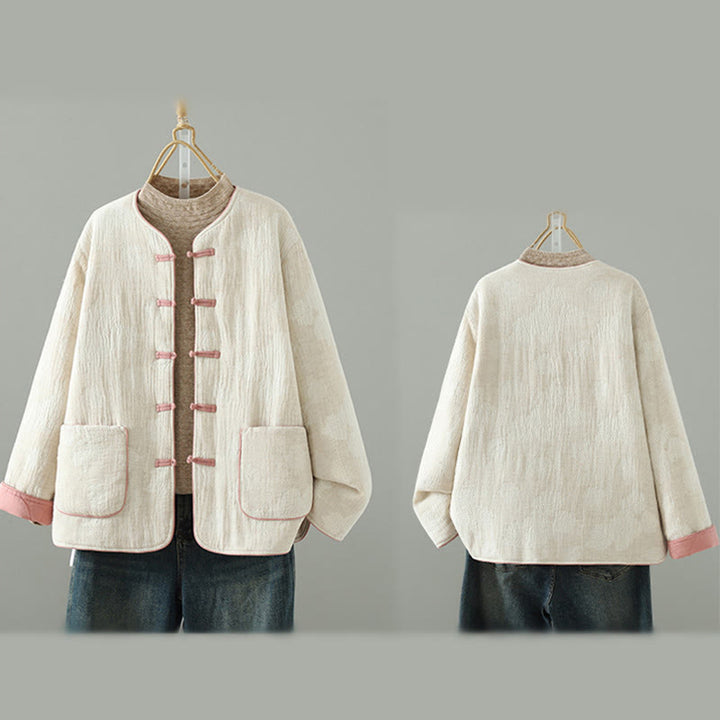 Kurtka termiczna damska Buddha Stones w kolorze beżowym z żabą i długimi rękawami i kieszeniami - image 11