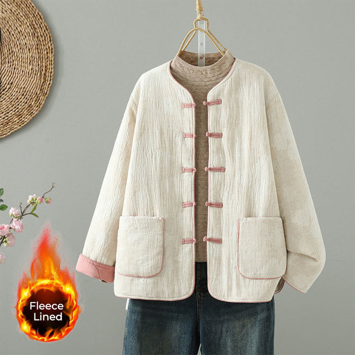 Kurtka termiczna damska Buddha Stones w kolorze beżowym z żabą i długimi rękawami i kieszeniami - Śnieg - US8-10，UK/AU12-14，EU40-42 (2XL) - image 0