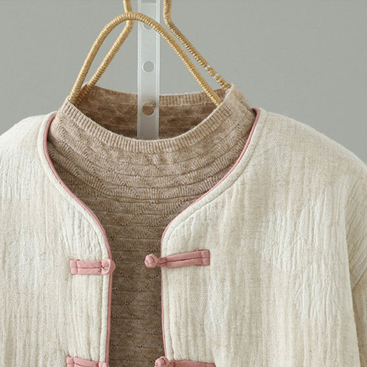 Kurtka termiczna damska Buddha Stones w kolorze beżowym z żabą i długimi rękawami i kieszeniami - image 2