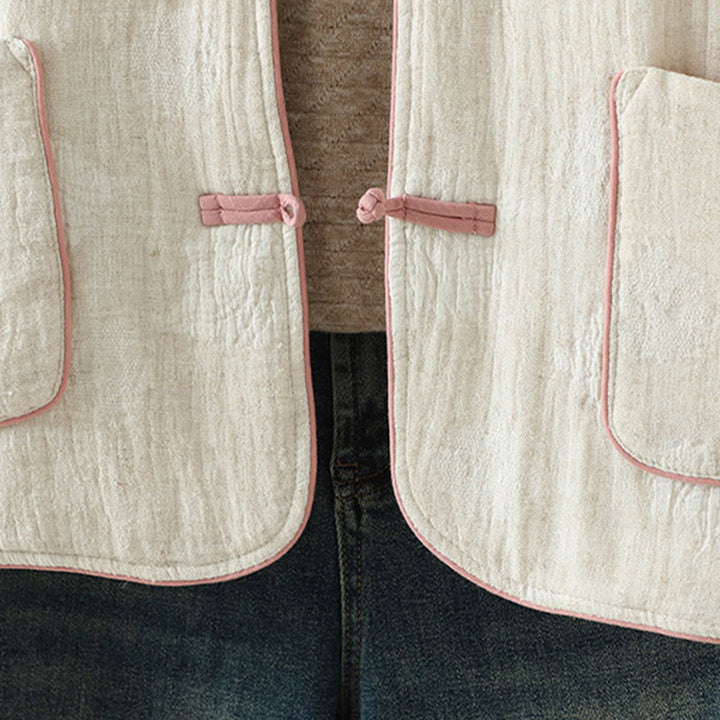 Kurtka termiczna damska Buddha Stones w kolorze beżowym z żabą i długimi rękawami i kieszeniami - image 9