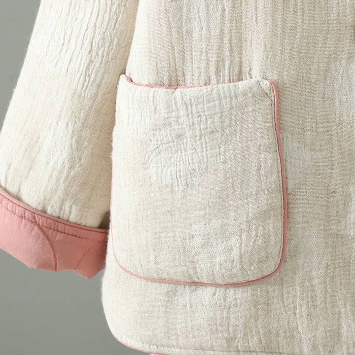 Kurtka termiczna damska Buddha Stones w kolorze beżowym z żabą i długimi rękawami i kieszeniami - image 5