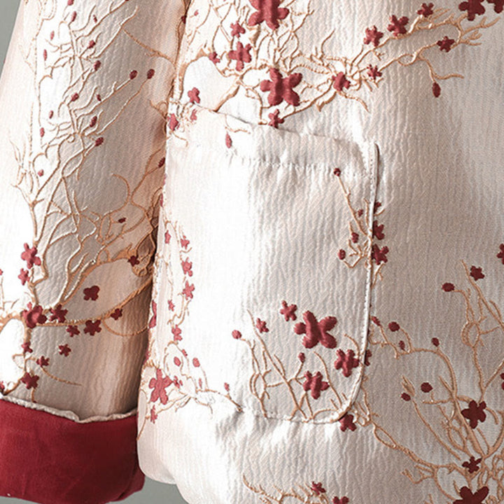 Kurtka termiczna damska z długim rękawem i kieszeniami, z motywem czerwonych kwiatów Buddha Stones , zapinana na guziki - image 9