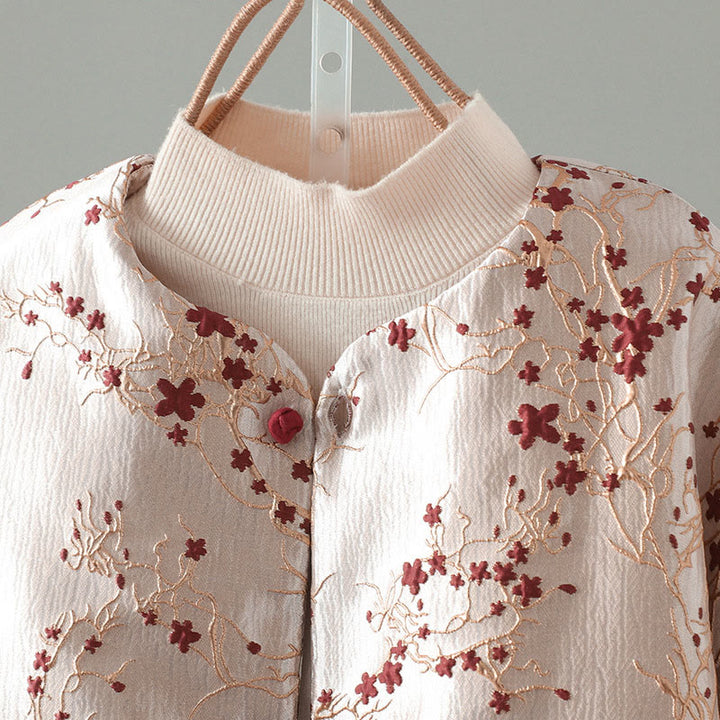 Kurtka termiczna damska z długim rękawem i kieszeniami, z motywem czerwonych kwiatów Buddha Stones , zapinana na guziki - image 2